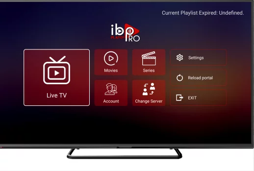 Interface utilisateur de l'application IBO Player montrant les options pour Live TV, films, séries, et paramètres pour l'IPTV.